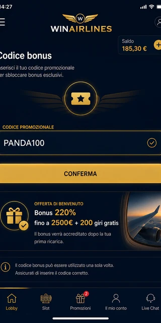 Schermata cassa Winairlines con campo codice promozionale PANDA100 evidenziato