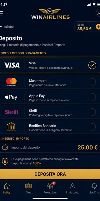 Schermata cassa Winairlines con selezione Visa e importo 25 euro