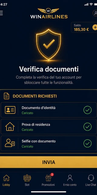 Winairlines KYC-Upload-Bereich mit Dokumentenkategorien