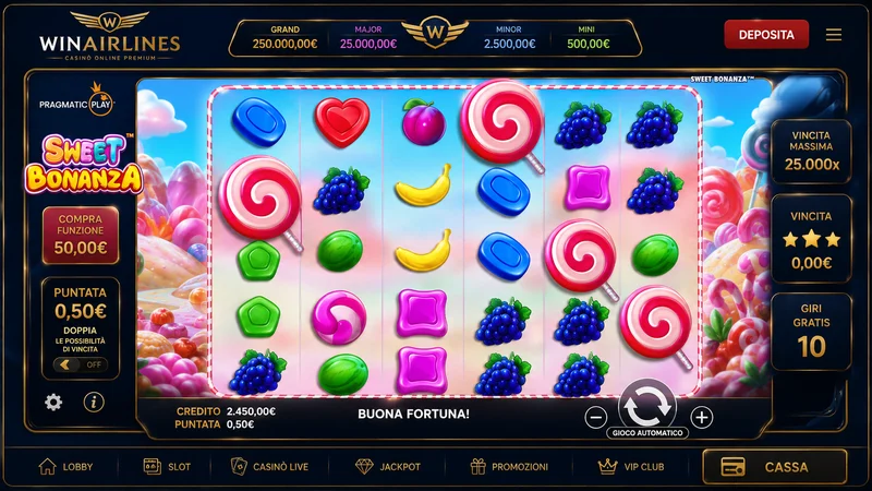 Interfaccia di Sweet Bonanza in sessione di test su Winairlines con scatter lollipop visibili