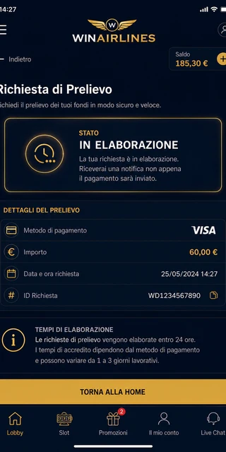 Αίτημα ανάληψης 60 € μέσω Visa στο dashboard λογαριασμού Winairlines